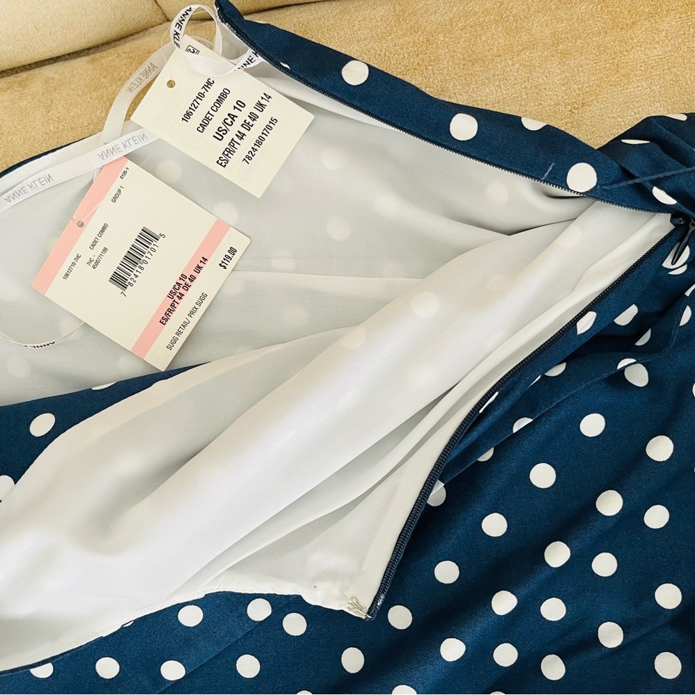 Anne Klein Cotton Dress Navy Blue Polka Dot Belted Fit & Flare Cadet Combo NWT - Picture 10 of 12